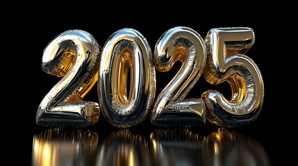 Gold and silver balloons forming the year 2025.