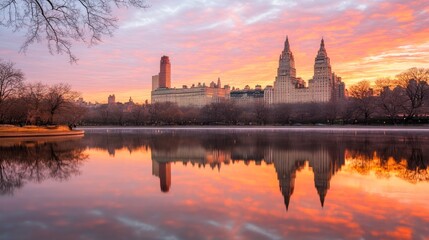 Fototapeta premium A scenic view of the Manhattan skyline reflected in a calm lake at sunrise.