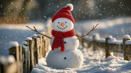 Obraz premium Smiling snowman with a red hat and scarf, twig arms raised in welcoming pose. A wooden fence behind