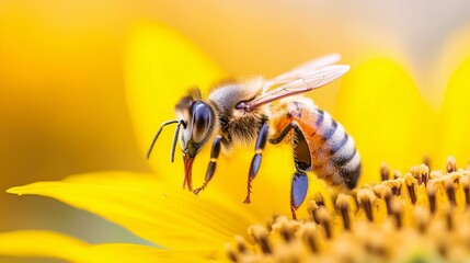 Naklejka premium A close-up of a bee collecting pollen on a sunflower, showcasing the intricate details of its body against a vibrant yellow background.