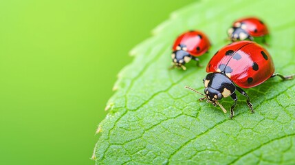 Obraz premium Three vibrant ladybugs resting on a green leaf, showcasing their distinct red bodies and black spots against a blurred green background.