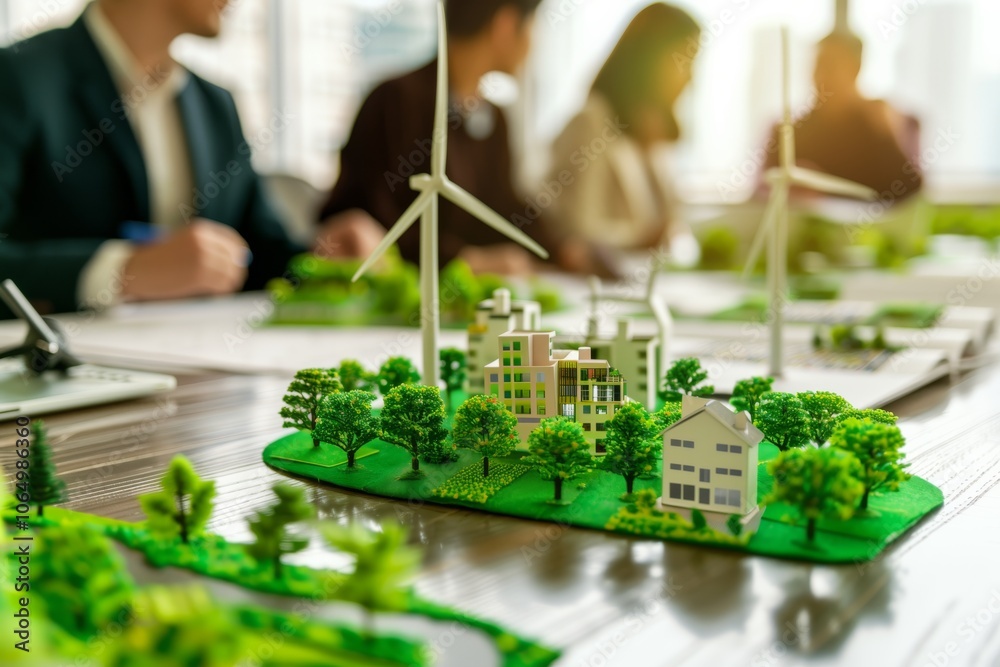 Poster professionals discuss sustainable urban development using scale models of green buildings and wind t