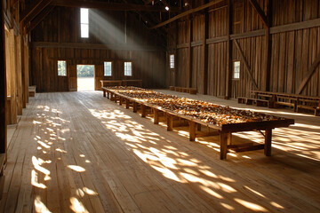 Fototapeta premium traditional tobacco drying barn interior, amber light filtering through leaves