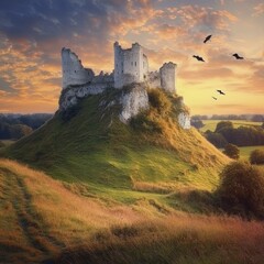 Fototapeta premium Ruined Castle on a Hilltop at Sunset