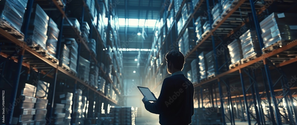 Poster a worker in a spacious, well-lit warehouse uses a tablet to manage inventory. shelves filled with ne