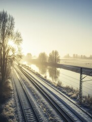 Fototapeta premium Winter Sunrise Over Railway Tracks and Frozen River