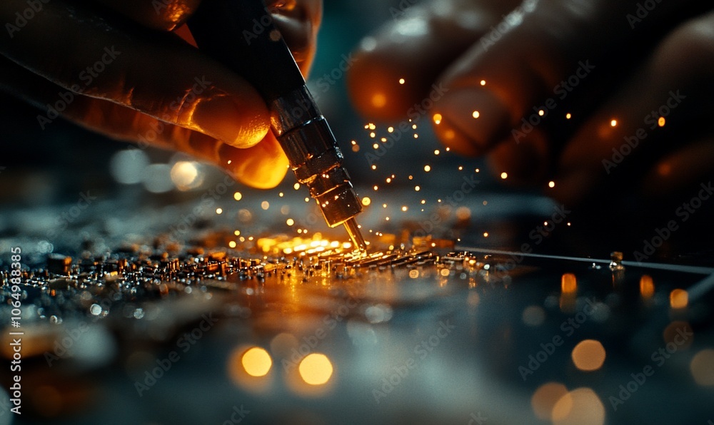 Poster A close-up of a hand using a rotary tool to work on a circuit board, with sparks flying.