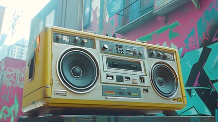 Obraz premium Vintage yellow boombox on a street corner with a colorful graffiti wall.