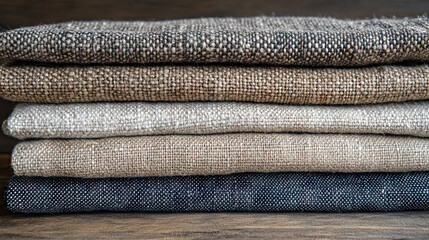 A stack of five different-colored and textured linen fabrics