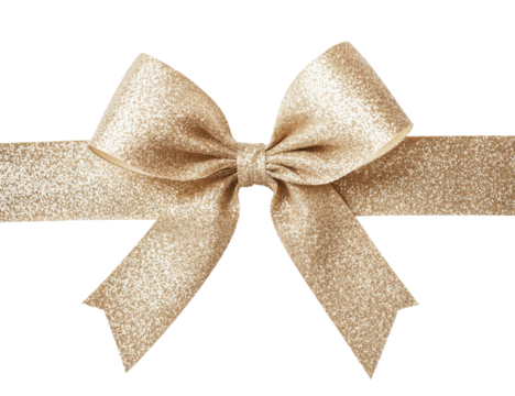 Lazo de tela dorada con nudo central con forma de pajarita, sobre fondo blanco - Powered by Adobe
