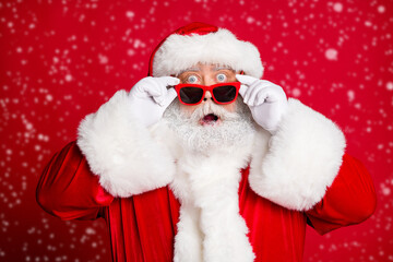 Close-up portrait of his he nice handsome amazed bearded Santa father St Nicholas unexpected event...