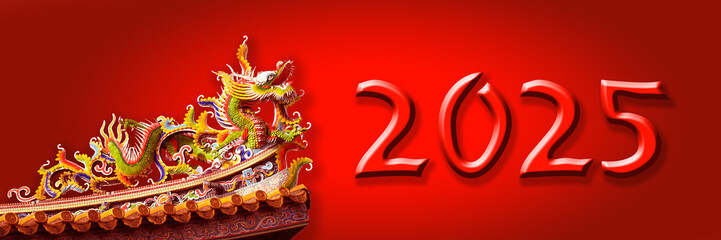 2022 chinese new year with a dragon, red panoramic holiday web banner