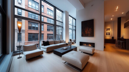 Modern living room with large windows, contemporary furniture, fireplace, and abstract painting on the wall, showcasing interior design in an urban apartment setting.