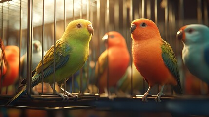 Close-Up of Small Caged Colorful Birds in a Pet Store