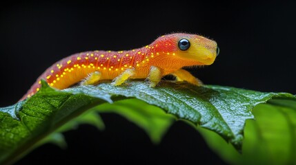 A vibrant orange salamander rests on a green leaf, glistening with moisture in a dark background, showcasing its bright colors and unique texture.
