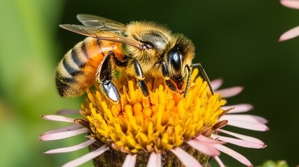 A close-up of a bee collecting nectar from a vibrant yellow and pink flower, showcasing the details of its body and wings.