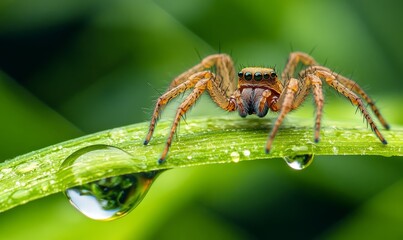 A close-up shot of a spider crawling near a large raindrop on a blade of grass