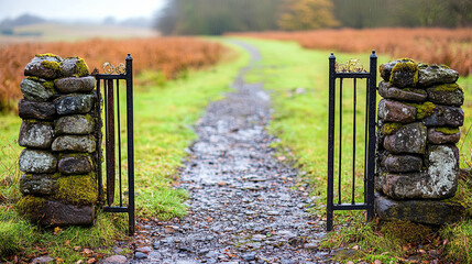 A Moss-Covered Stone Gate Opens to a Winding Path Through a Serene Countryside Meadow on a Misty Morning