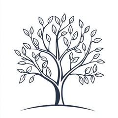 Obraz premium Minimalist line art illustration of a tree with sparse branches and leaves, isolated on a white background.