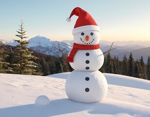 Obraz premium A cheerful snowman in red hat and scarf stands against backdrop of snow-covered mountains in winter