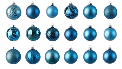 A collection of blue Christmas balls arranged neatly on a transparent background png.