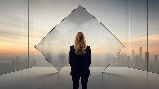 A woman discusses complex cryptographic formulas and blockchain visualizations in a contemporary conference room overlooking the city skyline