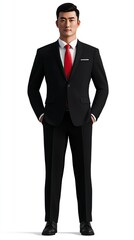 Chinese male, black suit, white shirt, red tie, government official, full body display, standing posture, short hair, clean and neat, smooth skin, young, active, generative ai