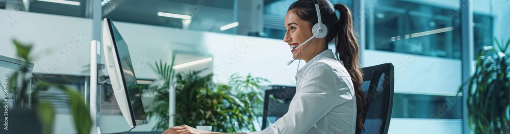 Poster a woman in a modern office setting, working as a smiling customer support representative with a head