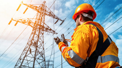 dedicated electrical engineer in bright orange safety jacket and helmet inspects high voltage power lines, showcasing commitment to safety and precision in their work