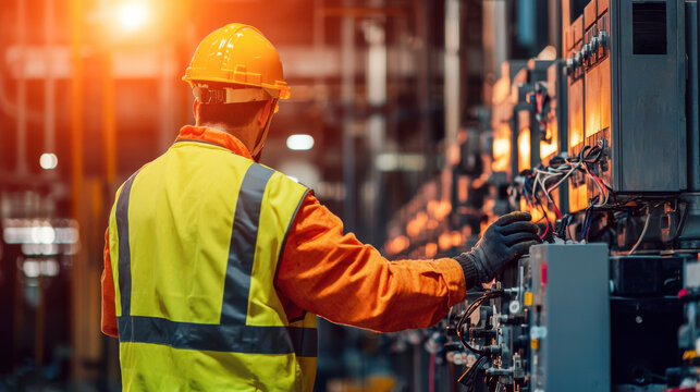 focused electrical engineer in safety vest and hard hat works on machinery in industrial setting, showcasing dedication and expertise in vibrant environment