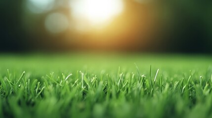 Fototapeta premium Golden Hour Grass: Close-up view of lush green grass blades bathed in the warm, golden light of the setting sun. Perfect for nature, environment, and serenity themes.