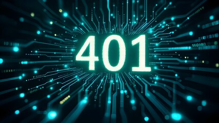 401 Error Code on Digital Circuit Board Background - Unauthorized Access Concept with Glowing Circuit Paths and Network Connections