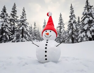 Fototapeta premium A cheerful snowman in red hat and scarf stands against backdrop of snow-covered mountains in winter