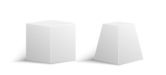 White matte 3D cube and pyramid isolated on a white background. Matte 3D podium or platform