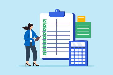 Flat illustration of female professional accountant hold clipboard complete item on business checklist spreadsheet with calculator