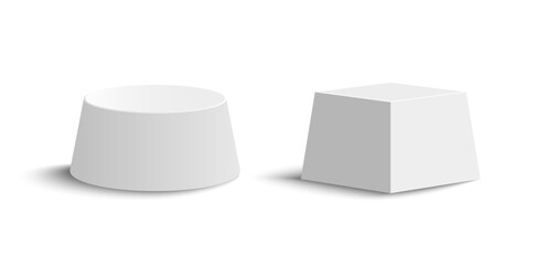 3D white matte podiums. Pyramidal volumetric geometric shapes isolated on white background