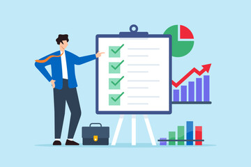 Flat illustration of male investor analyze business checklist on presentation board with checkmark graph and pie chart