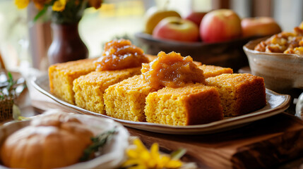 A platter of cornbread served with apple butter for Thanksgiving.