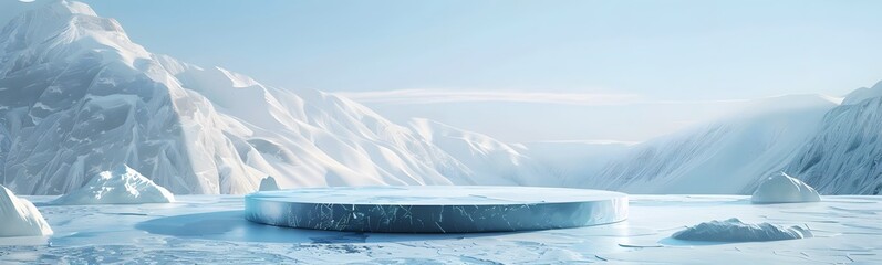 Ice podium background snow winter product platform cold mountain 3D. Podium ice display background cosmetic sky floor blue scene landscape frozen white cool stand pedestal minimal rock glacier nature.