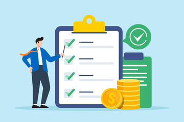Flat illustration of finance manager check budget business checklist in clipboard with dollar coin