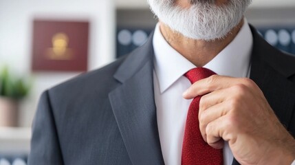 Professional lawyer adjusting tie in office setting for business representation and corporate presence