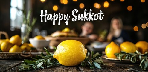 Celebration of Sukkot with lemon and etrog on rustic table