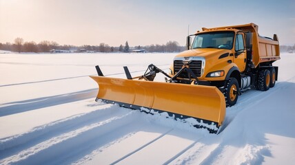 Snowplow truck clearing snow on winter road, industrial vehicle, cold weather, outdoor machinery, copy space