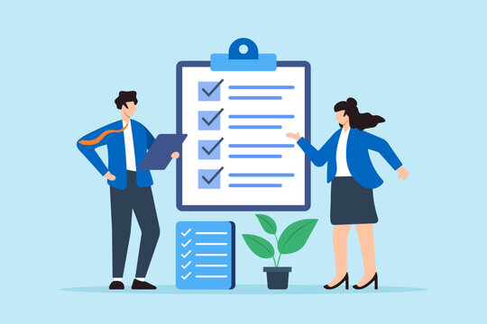Flat illustration of business coach review step on business checklist with client