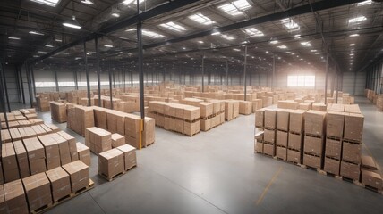 Large warehouse filled with stacked cardboard boxes, organized storage, logistics operation, copy space