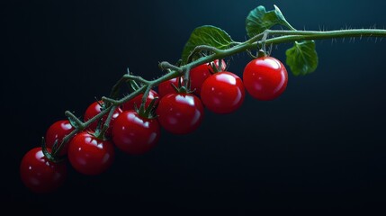 A vibrant cluster of cherry tomatoes rests on a textured green surface, glistening with fresh droplets of water, capturing the essence of a bountiful harvest in a kitchen setting.