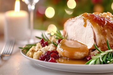 Thanksgiving feast: gravy overflowing on a plate of turkey with festive decorations