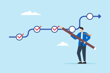 Flat illustration of businessman using pencil to tick mark checklist for project milestone goal tracking and task completion