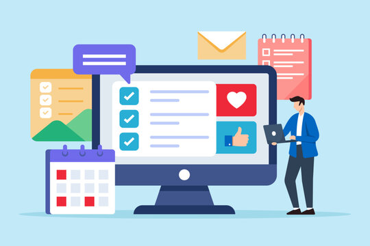Flat illustration of blogger writing content creation checklist on laptop computer screen with calendar social media promotion strategy planning