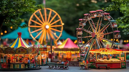 A miniature carnival with a carousel, Ferris wheel, and food stalls.